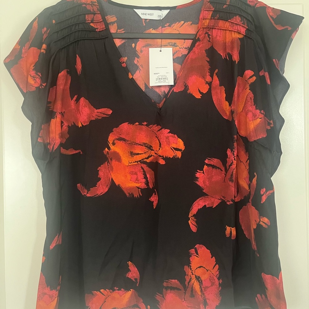 Nine West Black and Red Floral Blouse